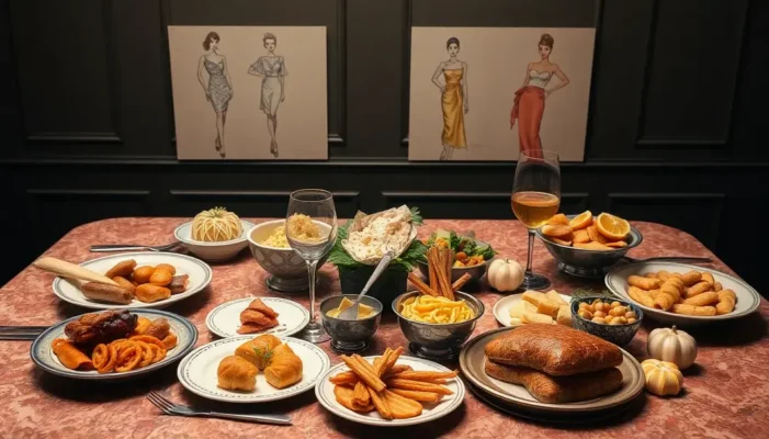 A luxurious dining table with comfort foods and fashion sketches, symbolizing style and taste.