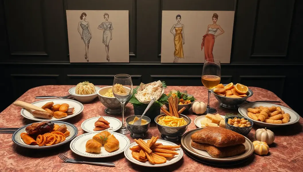 A luxurious dining table with comfort foods and fashion sketches, symbolizing style and taste.