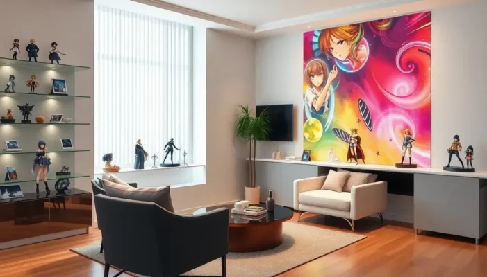 A fashionable room displaying anime figures on glass shelves and colorful backdrops, combining minimalist and vibrant styles.