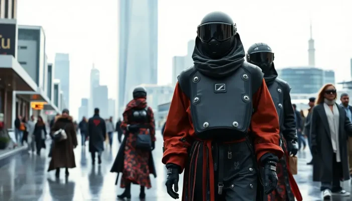 People in a city wearing mixed technology-inspired and traditional fashion styles.