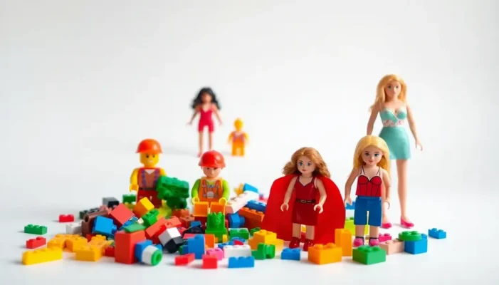 A display of LEGO bricks and Barbie dolls representing global cultural impact.