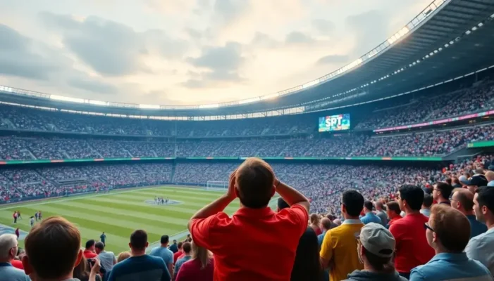 A sports stadium with AI technology and digital interactions enhancing fan experiences, symbolizing romance in customer service.