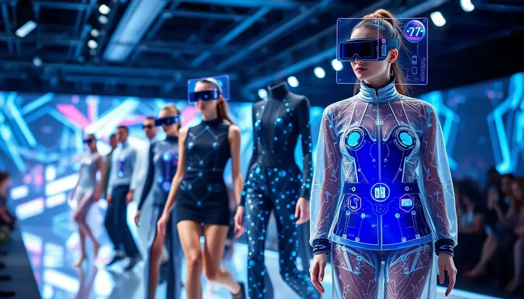 Models showcasing the future of fashion with intelligent textiles and wearable tech.